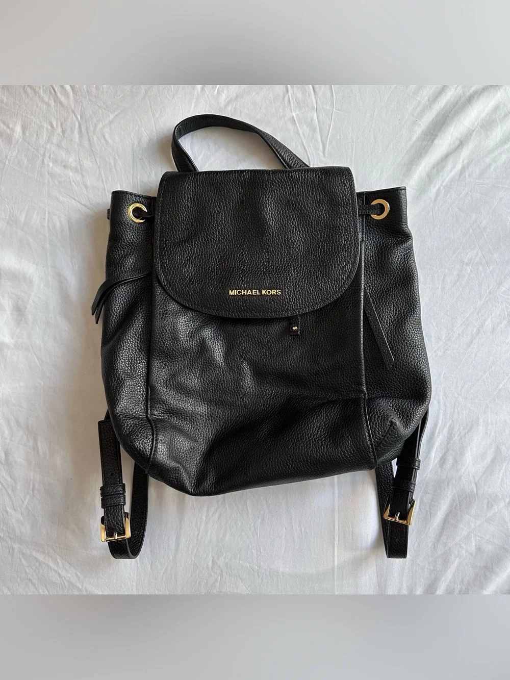 Michael Kors Black Pebbled Leather Backpack with Gold Hardware